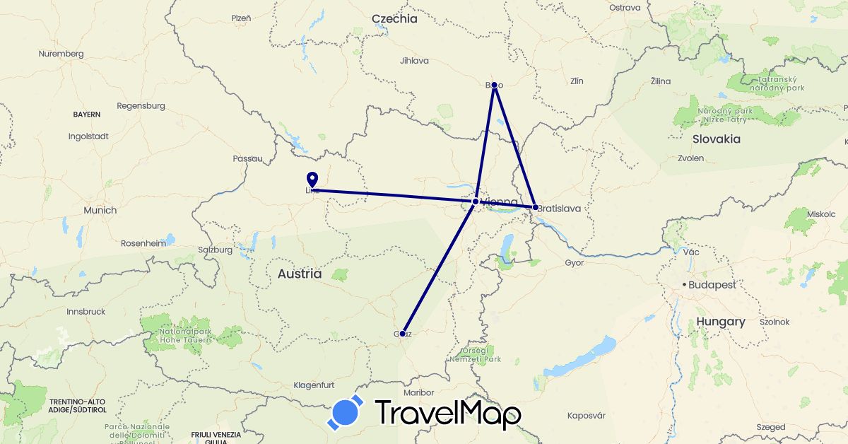 TravelMap itinerary: driving in Austria, Czech Republic, Slovakia (Europe)